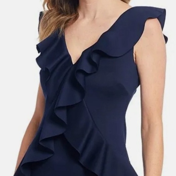 Jessica Howard Ruffled V Neck Navy 
Scuba Gown Size 4P - Picture 14 of 14